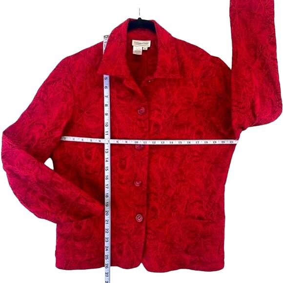 Coldwater Creek Reds Embroidered Floral Detail Comfort Stretch Button Blazer M - Picture 9 of 10